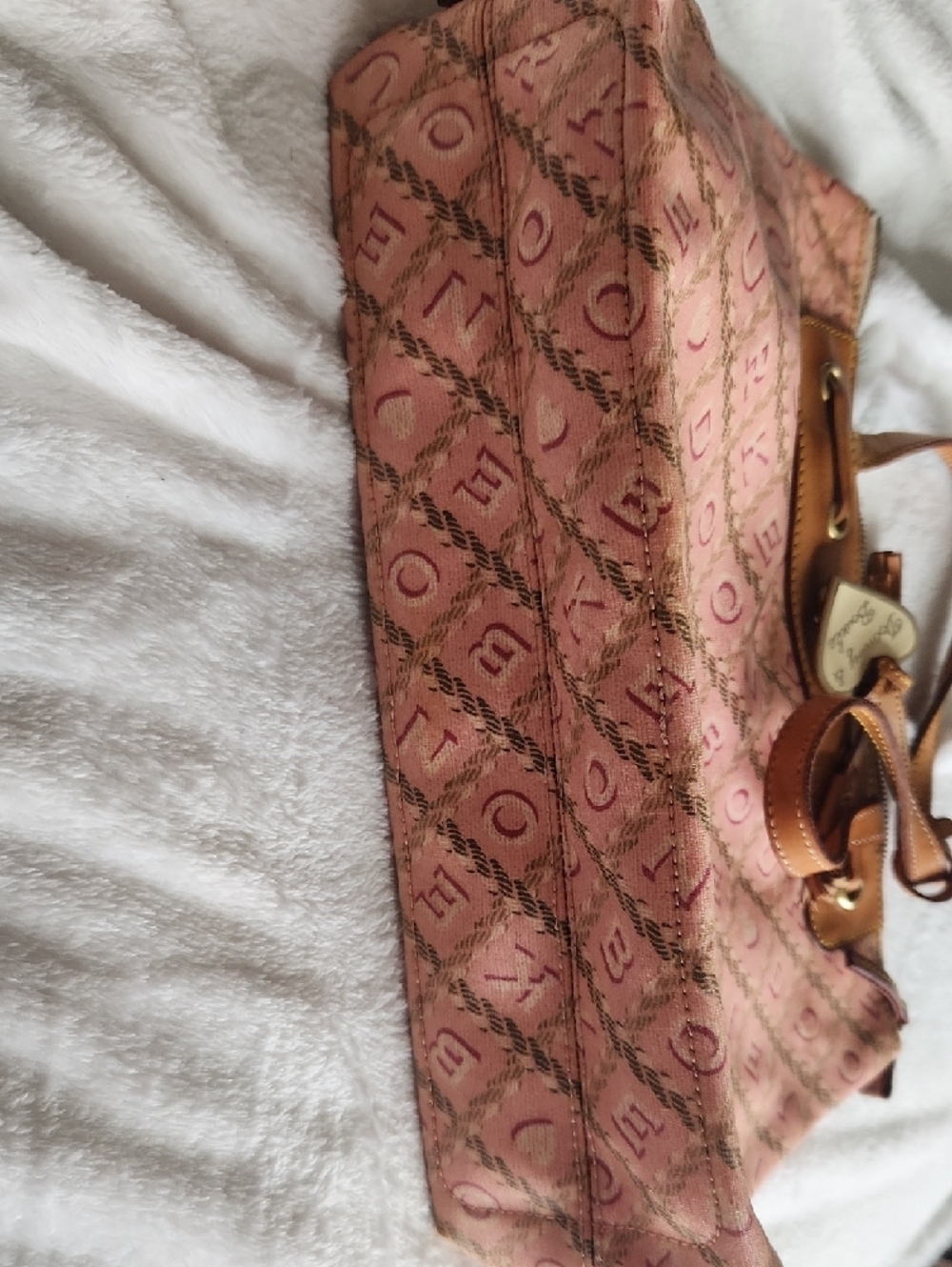 Dooney And Bourke Pink Patterned Drawstring Tote Bag with Brown Trim - Picture 2 of 6